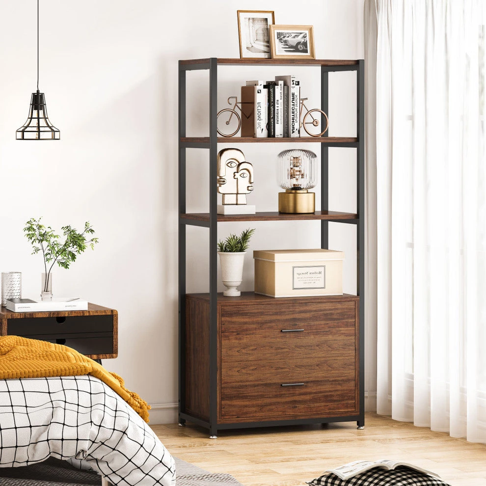 4-Tier Rustic Bookshelf With 2 Drawers 5 4-Tier Rustic Bookshelf With 2 Drawers - Image 5