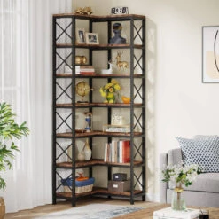 Tribesigns 7-Tier Corner Bookshelf Corner Bookcase Storage Display Rack, Black Steel Frame/Tiger Wood Panel -Tribesigns Sales Store 21f16136 3eee 4bbf b871 814270117324