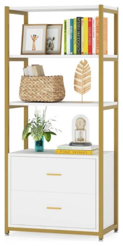 Tribesigns 4-Tier 2 Drawers Bookshelf, Etagere Standard Display Shelf, White