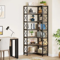 Tribesigns 7-Tier Corner Bookshelf Corner Bookcase Storage Display Rack, Latin American Oak/Black Steel Frame -Tribesigns Sales Store 2f176438 b6d3 46b8 ba8b f5999a8158e7