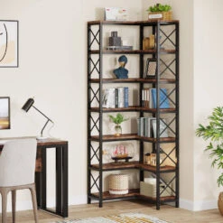 Tribesigns 7-Tier Corner Bookshelf Corner Bookcase Storage Display Rack, Black Steel Frame/Tiger Wood Panel -Tribesigns Sales Store 33be6c03 2238 41e4 97d2 75098b858909