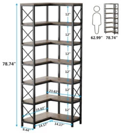 Tribesigns 7-Tier Corner Bookshelf Corner Bookcase Storage Display Rack, Latin American Oak/Black Steel Frame