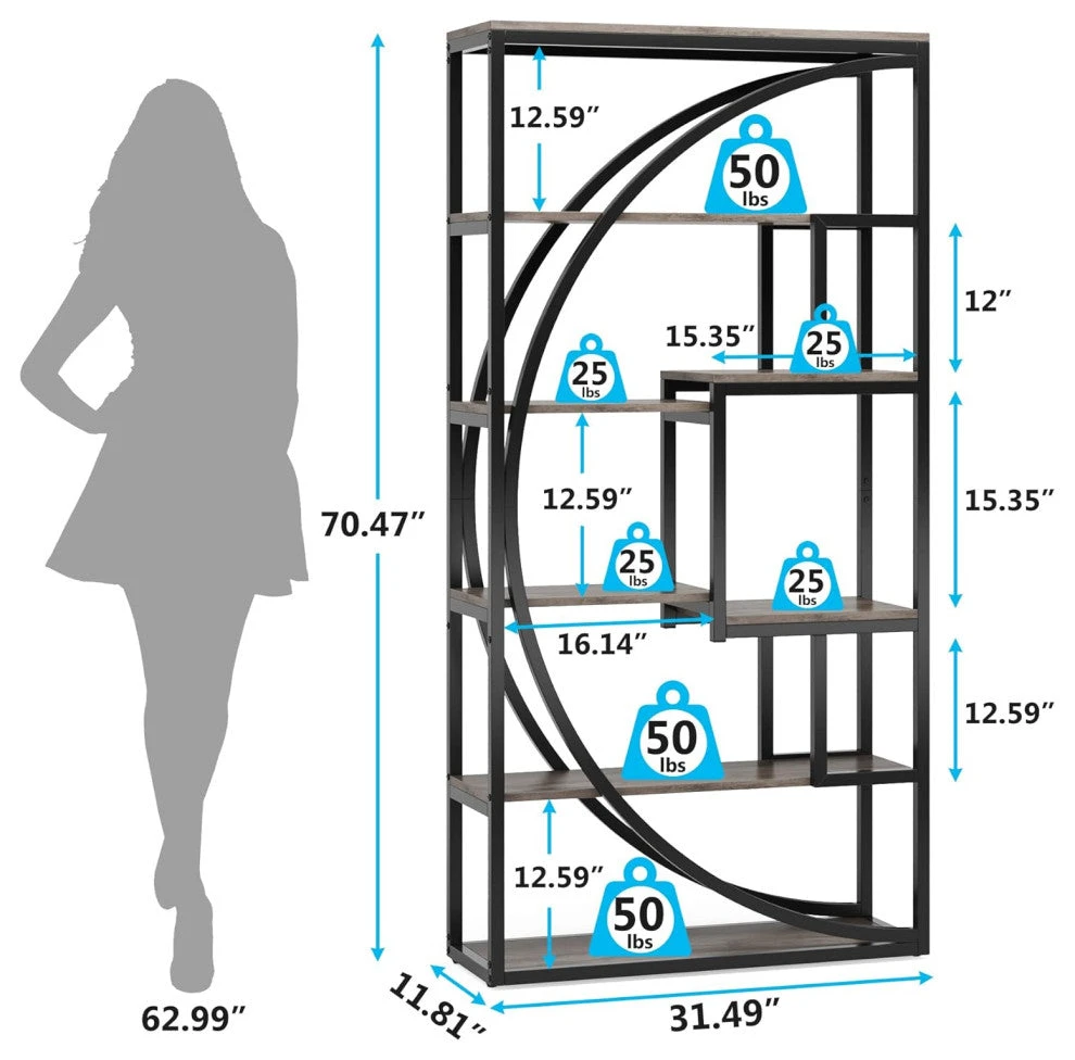 Tribesigns 70.8" 5-Tier Tall Bookshelf With 8 Open Storage Shelves, Gray 3 Tribesigns 70.8" 5-Tier Tall Bookshelf With 8 Open Storage Shelves, Gray - Image 3