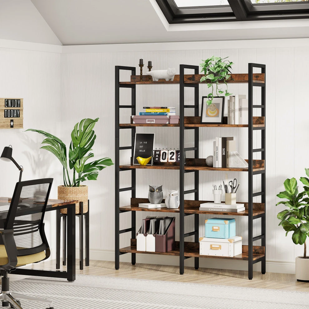 Tribesigns 5-Tier Industrial Bookshelf, 71" Tall Etagere Bookcase, Brown 3 Tribesigns 5-Tier Industrial Bookshelf, 71" Tall Etagere Bookcase, Brown - Image 3