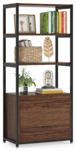 4-Tier Rustic Bookshelf With 2 Drawers