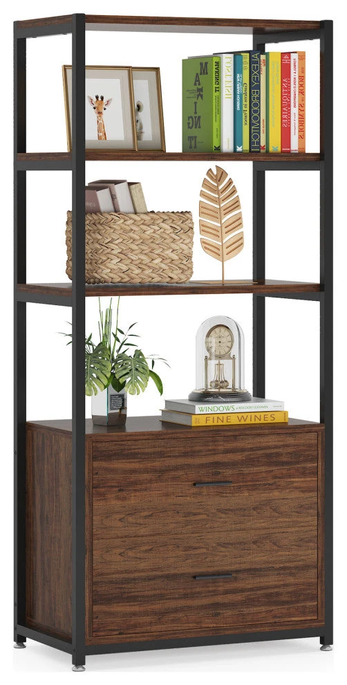 4-Tier Rustic Bookshelf With 2 Drawers 1 4-Tier Rustic Bookshelf With 2 Drawers