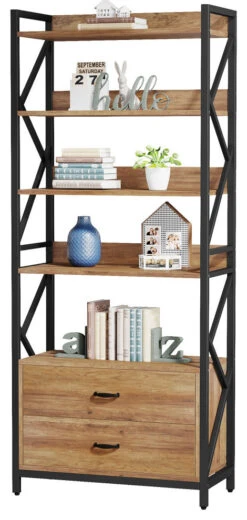 70.8" Industrial Bookcase With 2 Drawers, 5 Shelf Open Shelf For Storage