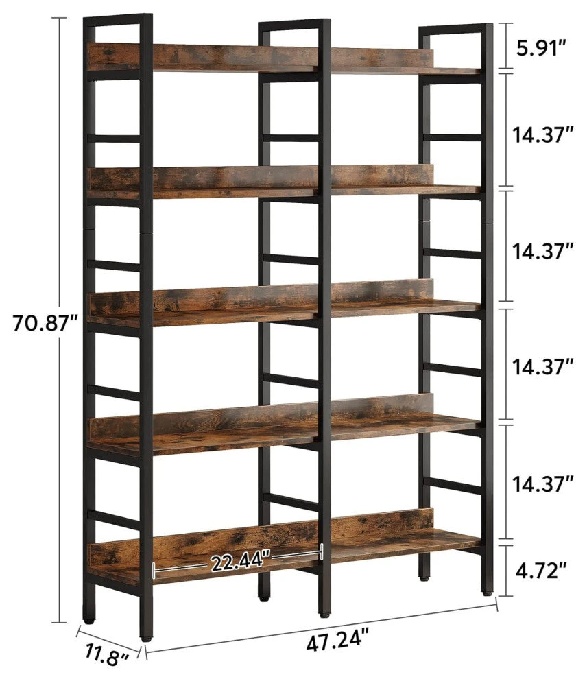 Tribesigns 5-Tier Industrial Bookshelf,Etagere Bookcase, Double Wide Book Shelf, Rustic Brown 8 Tribesigns 5-Tier Industrial Bookshelf,Etagere Bookcase, Double Wide Book Shelf, Rustic Brown - Image 8