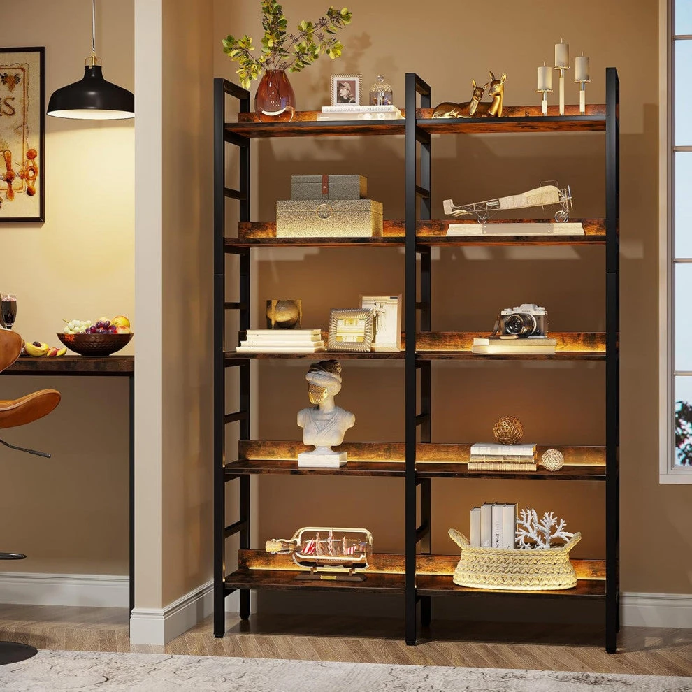 Tribesigns 5-Tier Industrial Bookshelf,Etagere Bookcase, Double Wide Book Shelf, Rustic Brown 3 Tribesigns 5-Tier Industrial Bookshelf,Etagere Bookcase, Double Wide Book Shelf, Rustic Brown - Image 3