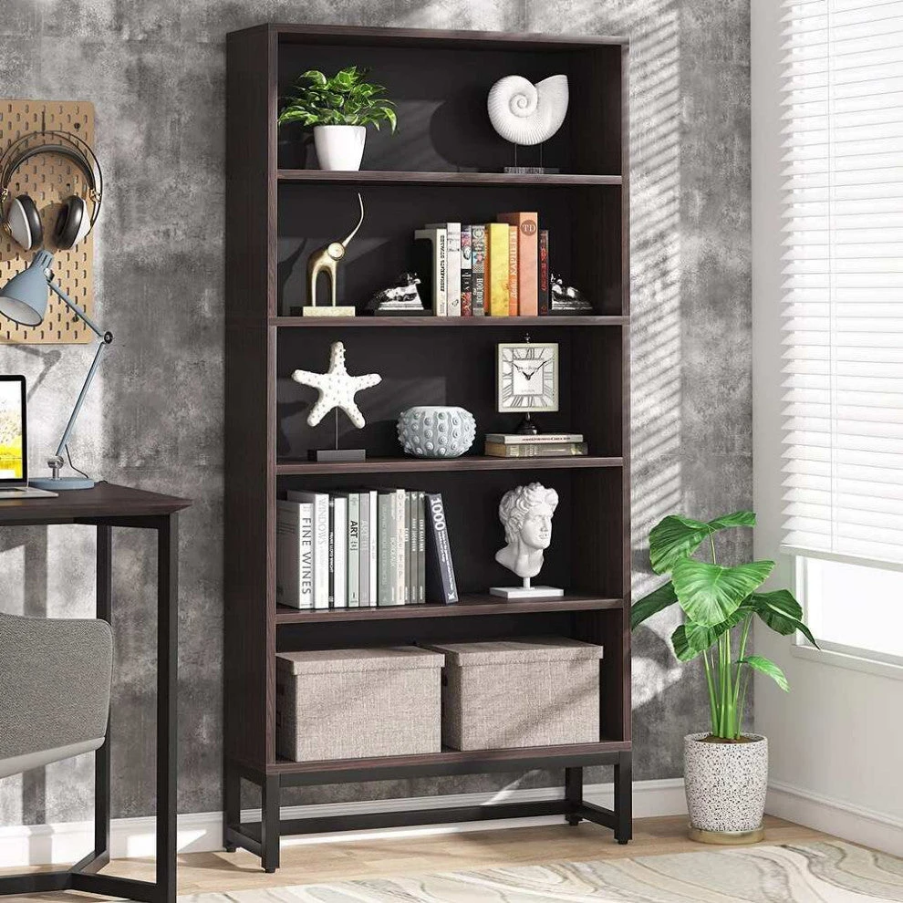 Tribesigns Bluebell 5 Tier Bookcase, 70.8" Bookshelf For Living Room Bedroom, Black Steel Frame/Dark Sandalwood Board 2 Tribesigns Bluebell 5 Tier Bookcase, 70.8" Bookshelf For Living Room Bedroom, Black Steel Frame/Dark Sandalwood Board - Image 2