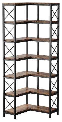 Tribesigns 7-Tier Corner Bookshelf Corner Bookcase Storage Display Rack, Black Steel Frame/Tiger Wood Panel