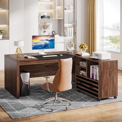 Tribesigns 62.2" Large Executive Desk With Mobile File Cabinet, L-Shaped Office Desk With Storage Shelves 5 Tribesigns 62.2" Large Executive Desk With Mobile File Cabinet, L-Shaped Office Desk With Storage Shelves - Image 5