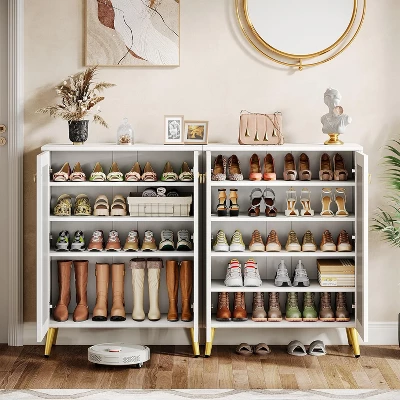 Tribesigns Mirrored Shoe Cabinet, 5-Tier White Modern Shoe Organizer Cabinet With Doors, Shoe Rack Closet Storage Cabinet For Entryway, Bedroom,White 7 Tribesigns Mirrored Shoe Cabinet, 5-Tier White Modern Shoe Organizer Cabinet With Doors, Shoe Rack Closet Storage Cabinet For Entryway, Bedroom,White - Image 7