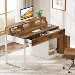 Tribesigns Modern Computer Desk With Drawers & Hutch, Executive Desk With Storage Door Cabinet And Monitor Stand For Home Office