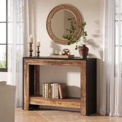 Tribesigns 41.3" Farmhouse Console Table Wood Entryway Table, Narrow Sofa Table Behind Couch With Storage Shelves