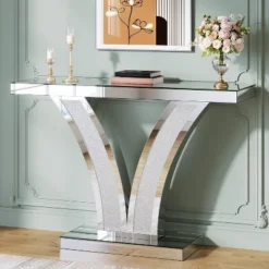 Tribesigns Mirrored Console Table, Modern Sliver Entryway Sofa Table With Crystal Inlay Frames