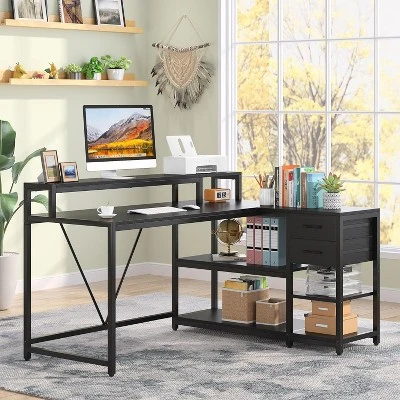 Tribesigns Reversible L-shaped Computer Desk With Drawer, Corner Desk Table With Storage Shelves And Monitor Stand For Home Office 3 Tribesigns Reversible L-shaped Computer Desk With Drawer, Corner Desk Table With Storage Shelves And Monitor Stand For Home Office - Image 3