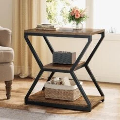 Tribesigns 3-Tier End Side Table, Small Industrial Side Table With Storage Shelves For Living Room, Wood Accent Bedside Nightstand With Metal Frame
