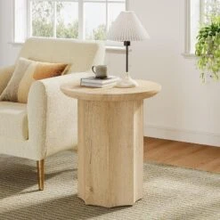 Tribesigns Round End Table, Wooden Side Table With Octagonal Base, Modern Nightstand For Living Room, Bedroom, Easy Assembly