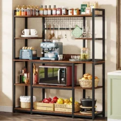 Tribesigns 55" Kitchen Hutch Cabinet Microwave Stand With 11 Hooks, 5-tier Baker’s Rack With Storage Shelf
