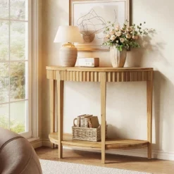 Tribesigns Solid Wood Half Moon Console Table, 2-Tier Farmhouse Fluted Entryway Table For Living Room, Hallway, Entrance, Foyer