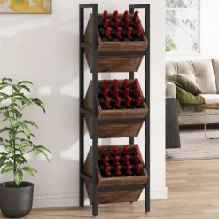 Tribesigns 3 Tier Wooden Freestanding Floor Bottle Rack, Wobble-Free Liquor Storage Stand, Liquor Bottle Organizer For Kitchen, Cellar