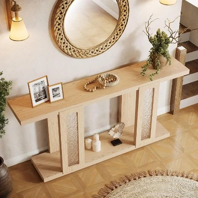 Tribesigns 71"Long Console Table, Farmhouse Sofa Console Behind Couch With Acrylic Legs, 2-Tier Entry Table For Hallway, Foyer, Living Room, Natural 6 Tribesigns 71"Long Console Table, Farmhouse Sofa Console Behind Couch With Acrylic Legs, 2-Tier Entry Table For Hallway, Foyer, Living Room, Natural - Image 6