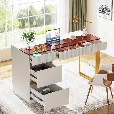 Tribesigns Computer Desk With 4 Drawers, 47.24 Inch Modern Home Office Desk With Glass Top 3 Tribesigns Computer Desk With 4 Drawers, 47.24 Inch Modern Home Office Desk With Glass Top - Image 3