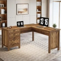 Tribesigns L Shaped Desk With 3 Drawers, 59" Corner Executive Desk Computer Table, Farmhouse Home Office Workstation With File Cabinet