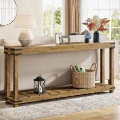 Tribesigns 70.9-Inch Extra Long Sofa Table, 2-Tier Farmhouse Console Table With Storage Shelves