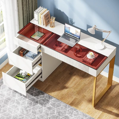Tribesigns Computer Desk With 4 Drawers, 47.24 Inch Modern Home Office Desk With Glass Top 6 Tribesigns Computer Desk With 4 Drawers, 47.24 Inch Modern Home Office Desk With Glass Top - Image 6