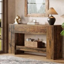 Tribesigns 55.1" Console Table With 2 Drawers, Wooden 2-Tier Sofa Table Behind Couch, Entryway Table For Corridor, Hallway