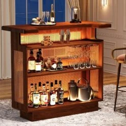 Tribesigns Rattan Home Bar Unit, Farmhouse 4-Tier Mini Bar Table With 4 Stemware Racks And Heightened Base, Liquor Bar Cabinet For Home Pub