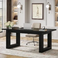 Tribesigns 63-Inch Executive Computer Desk, Industrial Writing Table With Solid Wooden Base For Home Office