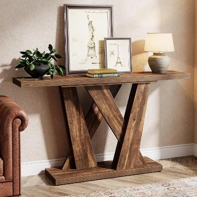 Tribesigns 55.12-Inch Farmhouse Console Table, Modern Behind The Couch Table With Geometric Base, Narrow Sofa Table Wood Long Entryway Table 6 Tribesigns 55.12-Inch Farmhouse Console Table, Modern Behind The Couch Table With Geometric Base, Narrow Sofa Table Wood Long Entryway Table - Image 6