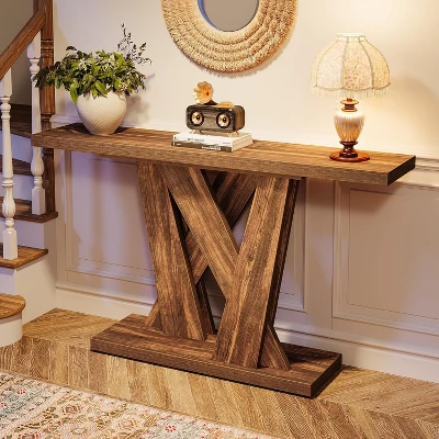 Tribesigns 55.12-Inch Farmhouse Console Table, Modern Behind The Couch Table With Geometric Base, Narrow Sofa Table Wood Long Entryway Table 7 Tribesigns 55.12-Inch Farmhouse Console Table, Modern Behind The Couch Table With Geometric Base, Narrow Sofa Table Wood Long Entryway Table - Image 7