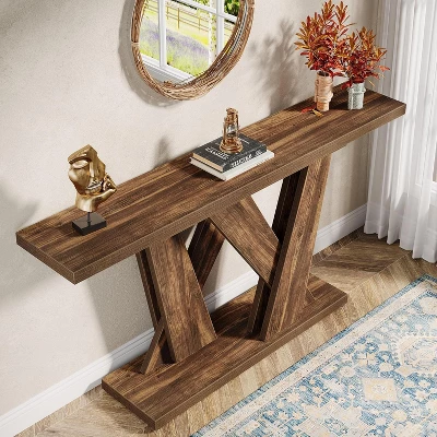 Tribesigns 55.12-Inch Farmhouse Console Table, Modern Behind The Couch Table With Geometric Base, Narrow Sofa Table Wood Long Entryway Table 4 Tribesigns 55.12-Inch Farmhouse Console Table, Modern Behind The Couch Table With Geometric Base, Narrow Sofa Table Wood Long Entryway Table - Image 4