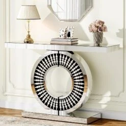 Tribesigns Modern Mirrored Console Table, 43-Inch Glass Sofa Table With Sparkling Crystal Inlays Base For Entrance, Living Room, Hallway