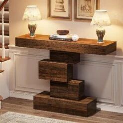 Tribesings 42.5-inch Farmhouse Console Table, Narrow Sofa Table With Storage Cubbies For Living Room Hallway, Rustic Brown