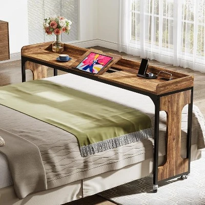 Tribesigns 71" Queen Size Overbed Table With Adjustable Tilt Board, Mobile Laptop Cart With Outlets & USB Ports 3 Tribesigns 71" Queen Size Overbed Table With Adjustable Tilt Board, Mobile Laptop Cart With Outlets & USB Ports - Image 3