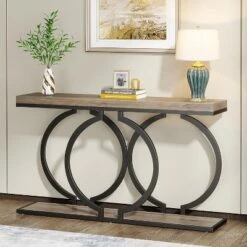 Tribesigns 55 Inch Wood Console Table, Narrow Entryway Table With Geometric Metal Frame For Living Room Entrance