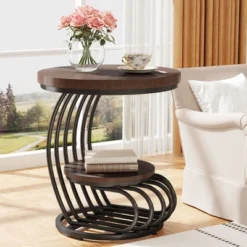 Tribesigns 2-tier Round End Table, Side Table With Storage Shelf, Metal Arc-Shaped Frame Accent Table For Living Room, Bedroom
