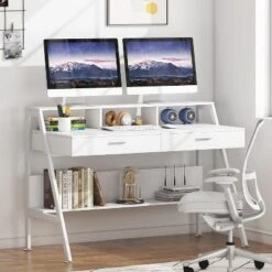 Tribesigns Modern 47" Computer Desk With Storage Shelf & Drawers, Office Writing Desk Study Table With Monitor Stand Riser For Home Office