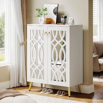 Tribesigns Mirrored Shoe Cabinet, 5-Tier White Modern Shoe Organizer Cabinet With Doors, Shoe Rack Closet Storage Cabinet For Entryway, Bedroom,White 5 Tribesigns Mirrored Shoe Cabinet, 5-Tier White Modern Shoe Organizer Cabinet With Doors, Shoe Rack Closet Storage Cabinet For Entryway, Bedroom,White - Image 5