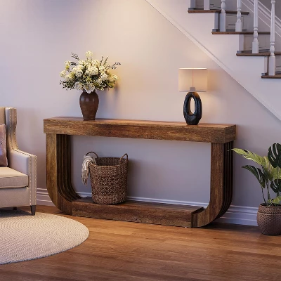 Tribesigns 2-Tier Wood Console Sofa Table For Living Room, Large Hallway Foyer Table With Heavy Duty U-Shaped Pedestal,Brown 2 Tribesigns 2-Tier Wood Console Sofa Table For Living Room, Large Hallway Foyer Table With Heavy Duty U-Shaped Pedestal,Brown - Image 2