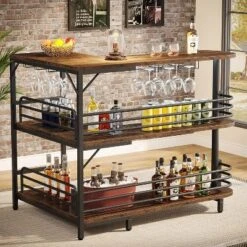 Tribesigns L-Shaped Home Bar Unit, 3-Tier Liquor Table With Storage Shelf