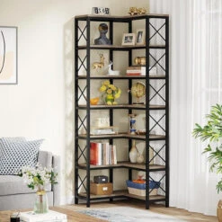 Tribesigns 7-Tier Corner Bookshelf Corner Bookcase Storage Display Rack, Latin American Oak/Black Steel Frame -Tribesigns Sales Store b6566db8 8663 42c4 9ee6 9b4407cf2ef1