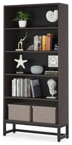 Tribesigns Bluebell 5 Tier Bookcase, 70.8" Bookshelf For Living Room Bedroom, Black Steel Frame/Dark Sandalwood Board