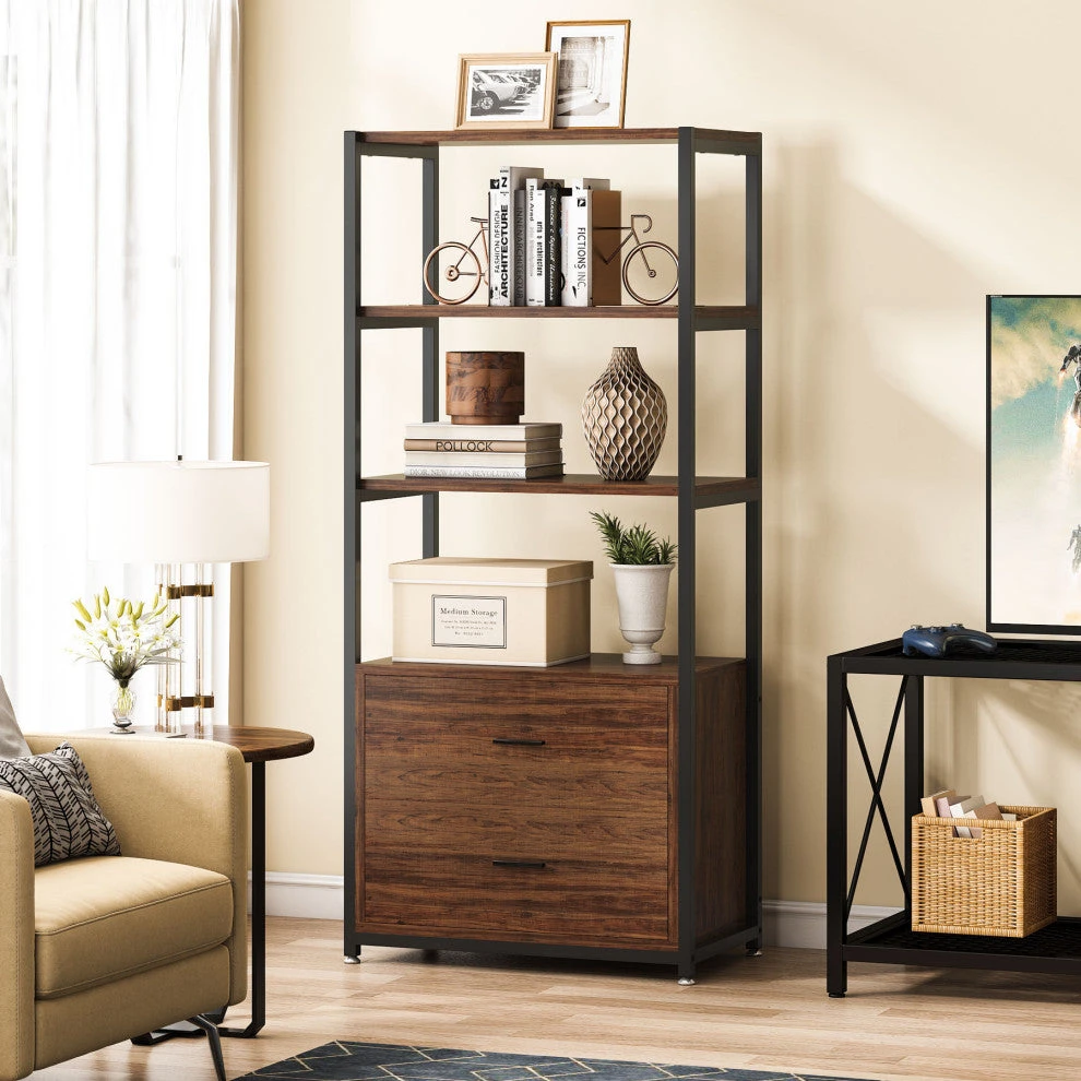 4-Tier Rustic Bookshelf With 2 Drawers 4 4-Tier Rustic Bookshelf With 2 Drawers - Image 4