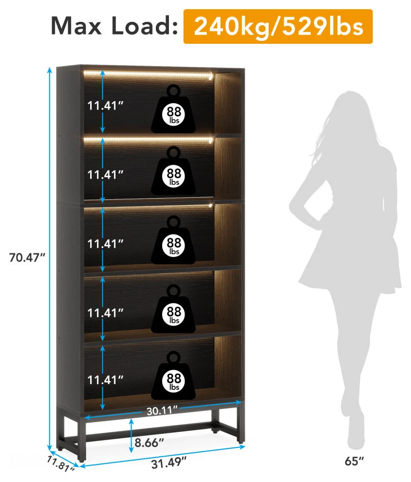 Bookcase And Bookshelf, 5-Tier Display Shelf, Black 7 Bookcase And Bookshelf, 5-Tier Display Shelf, Black - Image 7